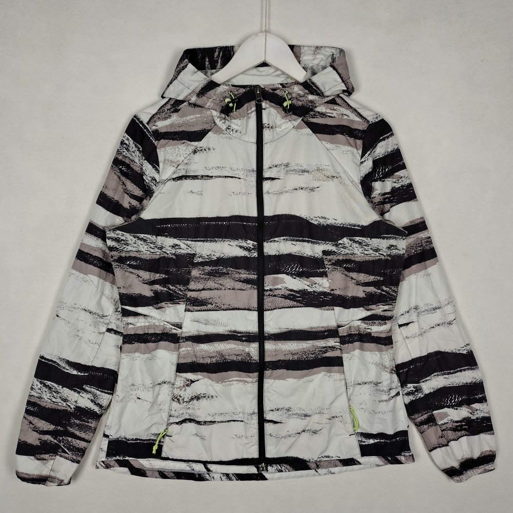 The North Face Womens M Hooded Full-Zip Printed Windbreaker Jacket White Black
